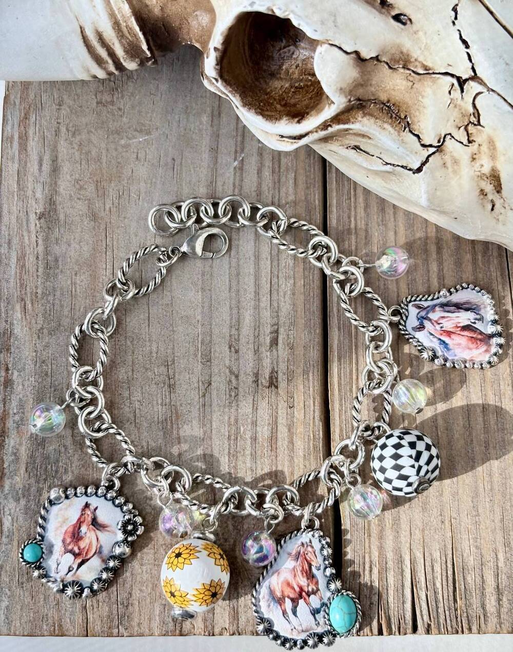 NEW BOHO RANCH women's western style multi beaded charm with turquoise stone acc